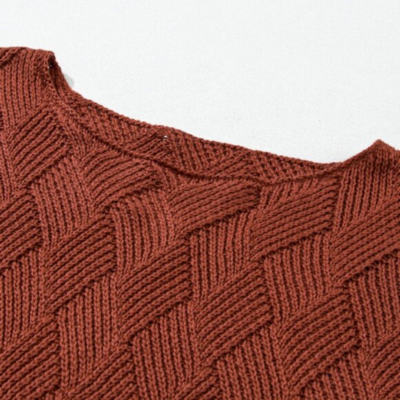 Diamond Knit Round Neck Sweater - Rust Brown Dropped Shoulder Top - Picture 8 of 12